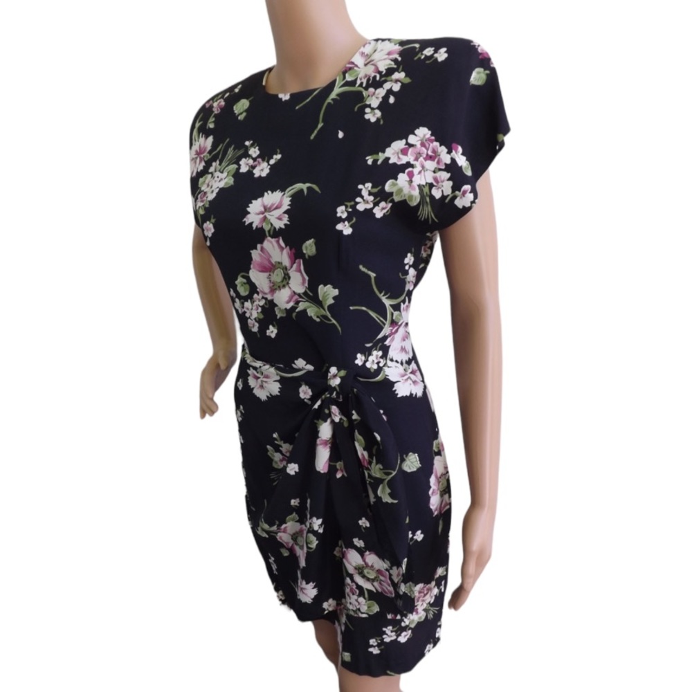 80s Black Floral Sarong Dress Retro XS S 7